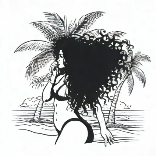 A Sexy Girl With Big Curly Hair In A Bikini Stands Under A Coconut Tree On The Beach