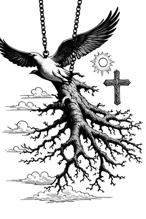 Root Tree Growing Towards Bird Flying Holding A Cross Necklace With The Sun And Clouds Overhead