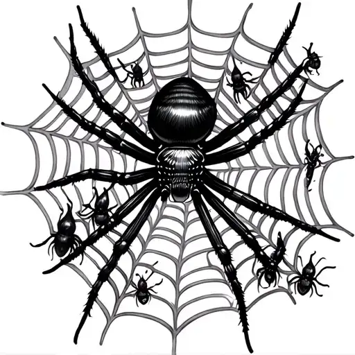 Black Widow Spider Plus Web Plus A Lot Of Smaller Widows Near