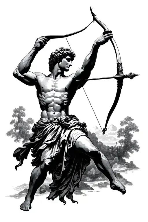 Greek Deity Apollo Reaching Straight Above His Head To Load A Bow And Arrow