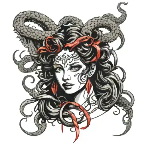 Medusa Gorgon With A Red Ribbon On Her Eyes