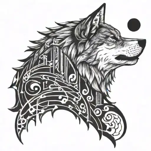 A Wolf Howling At A Crescent Moon Formed By Musical Notes