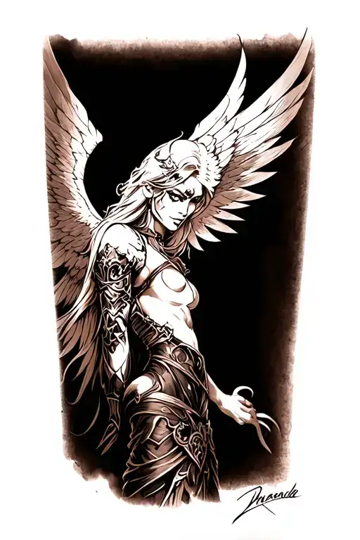 Create A Kayle Tattoo From League Of Legends On A Dark Brown Forearm