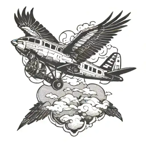 An Intricate Design Of A Vintage Airplane Surrounded By A Flock Of Eagles In Flight