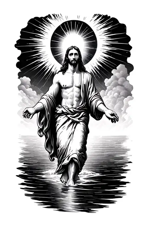 Jesus Walking On Water Towards Heaven