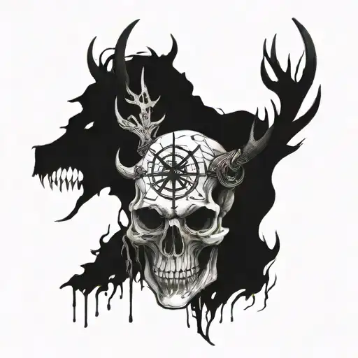 Wendigo Skull With Antlers With Half The Skull A Compass Showing The Way