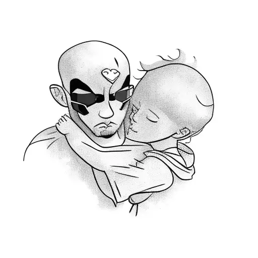 A Blackwork Tattoo Of A Protective Older Brother Figure Embracing A Younger Sister