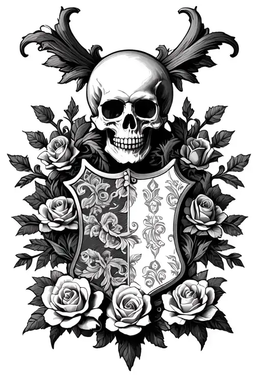 Coat Of Arms With Skull And Roses Scottish