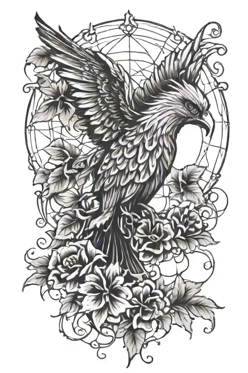 Small Majestic Phoenix Entangled In Dream Catcher Intertwined With Hibiscus