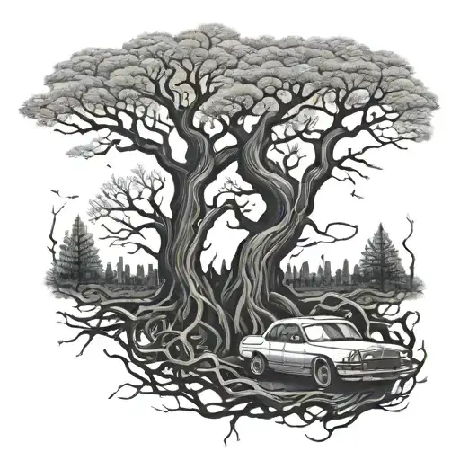 A Majestic Tree With Intricate Roots And Branches Intertwined With Speeding Cars