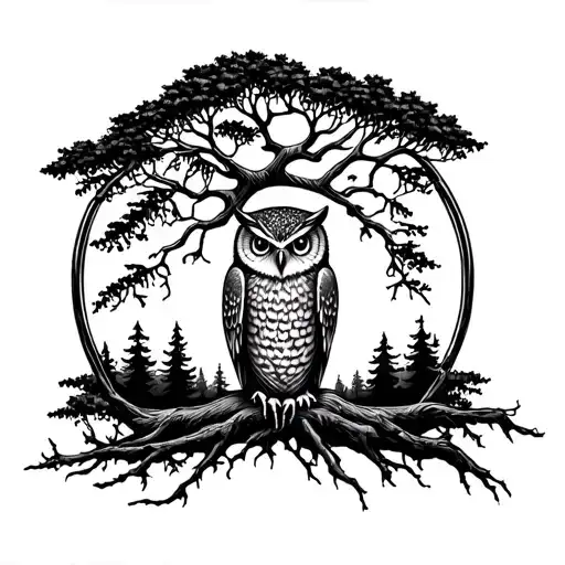 Tree Of Life With Forest Surrounding The Forearm Sleeve Owl On Center Of Forearm