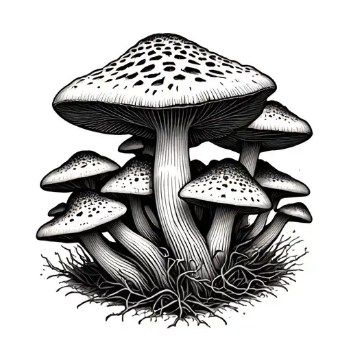 A Detailed Blackwork Tattoo Of A Cluster Of Morel Mushrooms Intertwined With Science Symbols