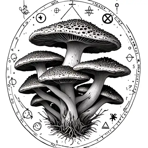 A Detailed Blackwork Tattoo Of A Cluster Of Morel Mushrooms Intertwined With Science Symbols