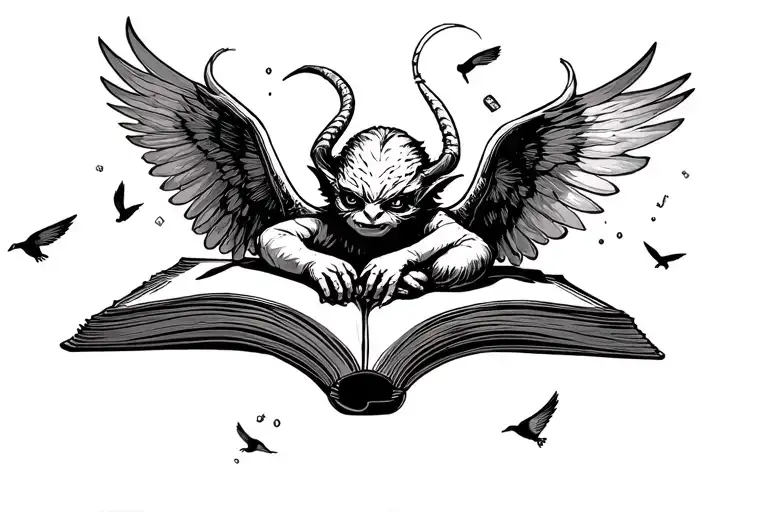 Hard Drug Addiction With Little Demon Holding Open Book Pages Turning Into Flying Birds