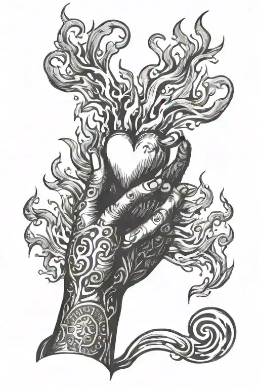Hands Rising Out Of The Flames Holding A Heart