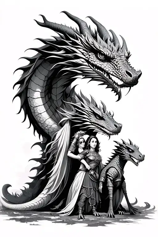 Dragon Head Overlooking 2 Baby Dragons With Standing Female Warrior