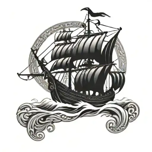 Viking Ship Sailing Through A Stormy Sea With Celtic Knotwork Intertwined In The Sails