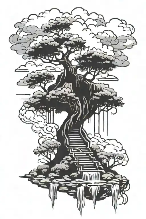 Tree Like W Waterfall And Stairs Leading Up To Clouds
