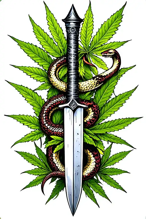A Dagger With A Snake Writhing In The Background Of Marijuana Leaves