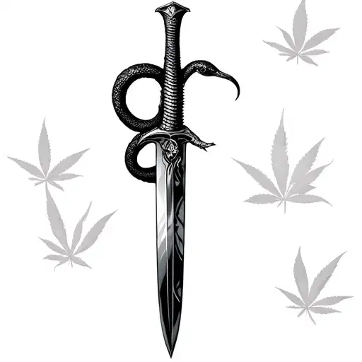 A Dagger With A Snake Writhing In The Background Of Marijuana Leaves