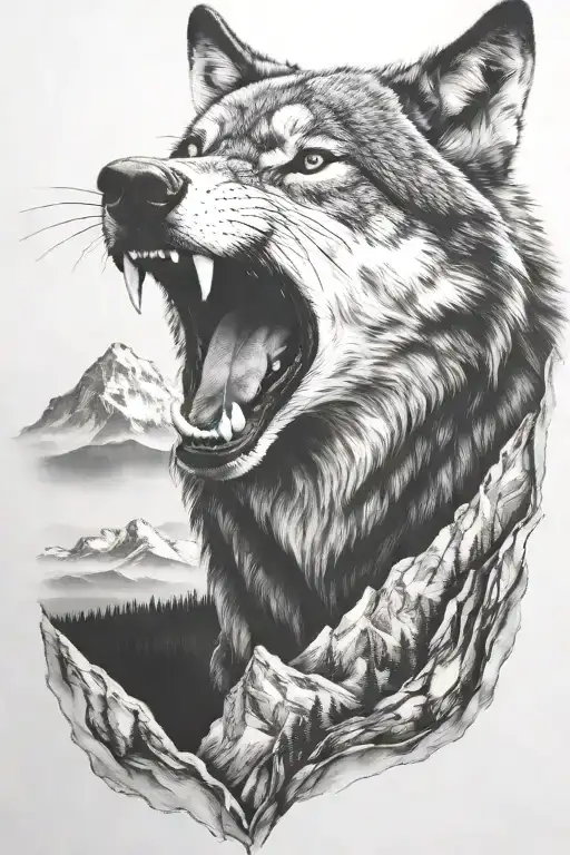 Growling Wolf Face And Realistic Rocky Mountains Inside