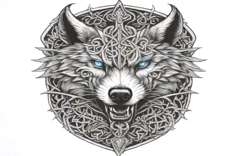 Wolf With Blue Eyes On Armor Tattoo Design Featuring Celtic Trinity Knot