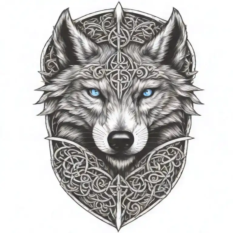 Wolf With Blue Eyes On Armor Tattoo Design Featuring Celtic Trinity Knot