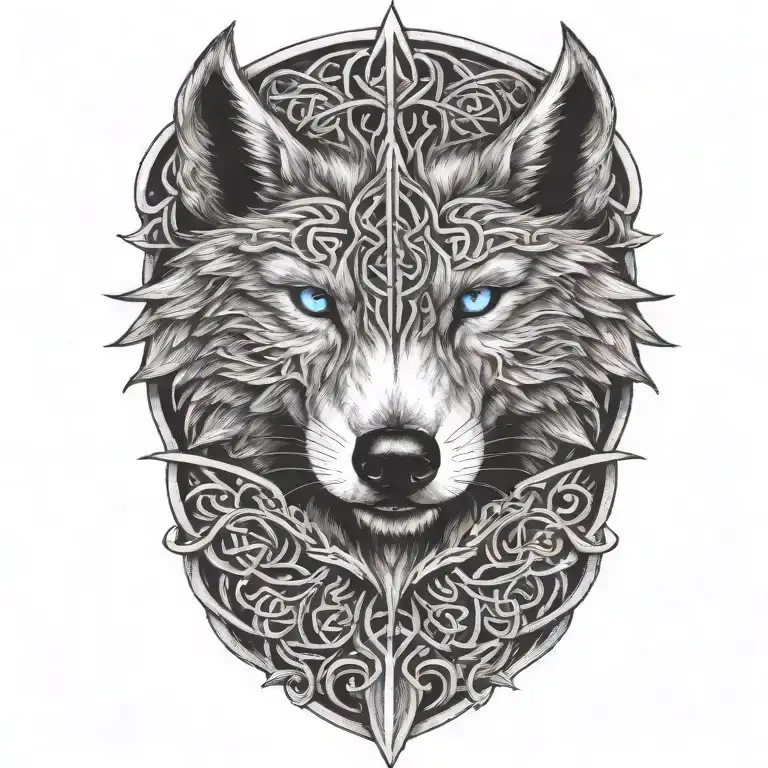 Wolf With Blue Eyes On Armor Tattoo Design Featuring Celtic Trinity Knot