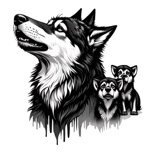 Wolf And Three Cubs 1 Howling