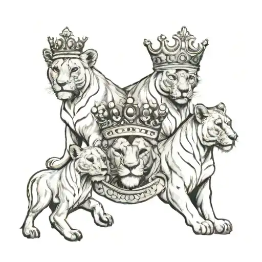 Two Lioness Wearing A Crown Surrounded By Cubs Playing