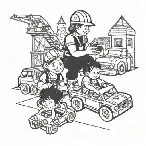 A Tattoo Design Featuring Jaxson And Natalie Playing With Toy Cars In A Construction-themed Setting