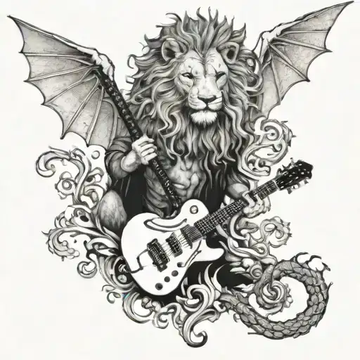 A Mythical Creature Combining Elements Of A Lion And A Dragon Playing A Guitar