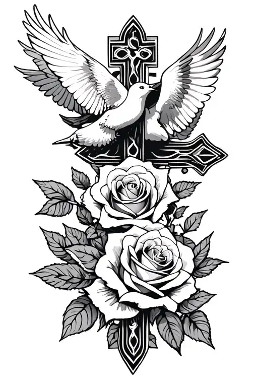 Roses And Cross And Doves Flying