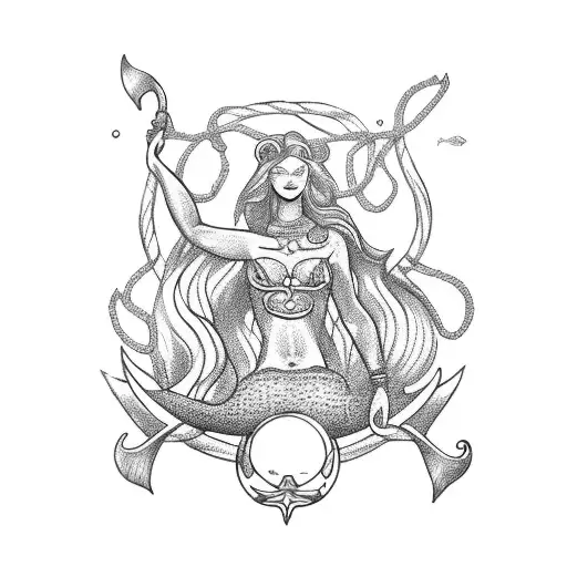 A Majestic Mermaid Holding A Golden Anchor And Steering A Helm