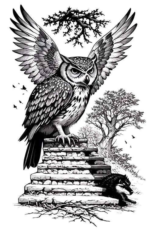 Owl With Wings Open Diagonally And Below It A Wolf Down Stairs In The Background Branches And Trees
