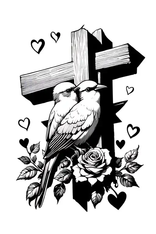 2 Love Birds On A Cross With Roses And Hearts Surrounded