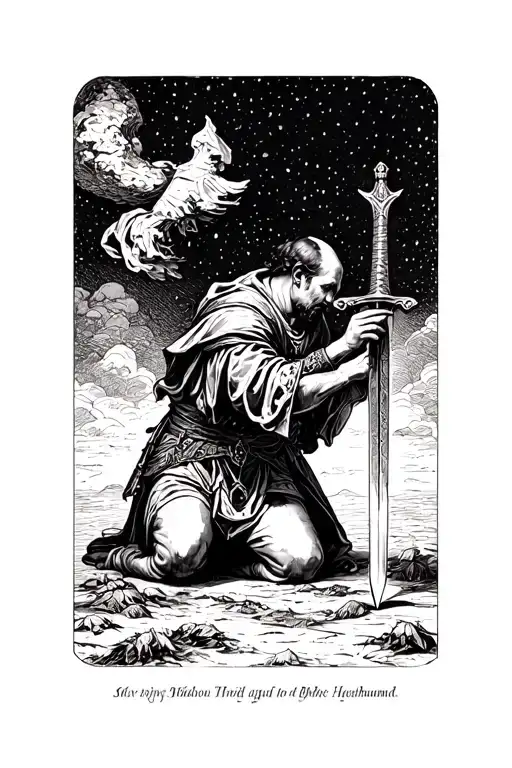 Bishop Heahmund On One Knee Holding A Sword In The Ground Looking Down To The Ground