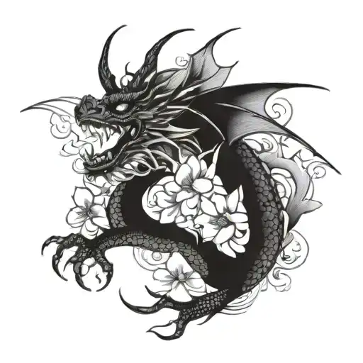 Dragon Flying Japanese Wawes And Flowers Intertwined