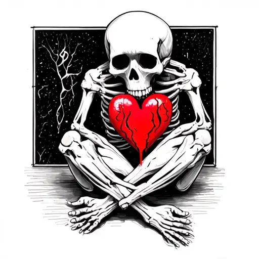 Realistic Skeleton Crying Siting Down Holding A Broken Heart