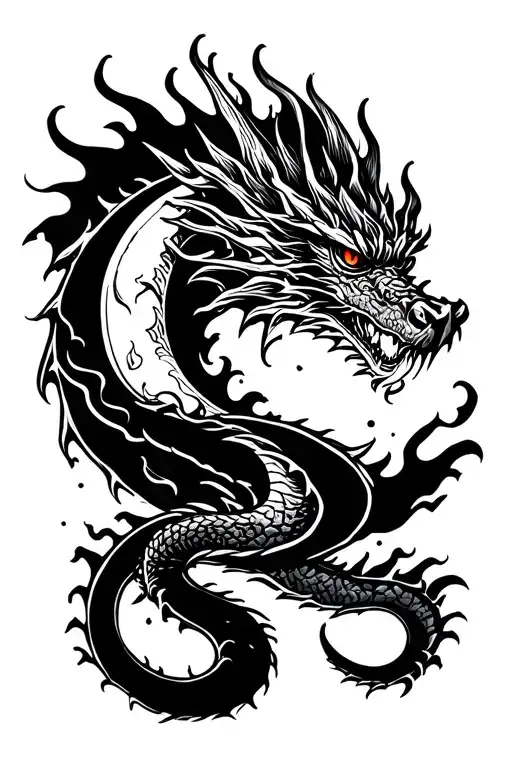 Dragon Wrapped Around Moon With Fire