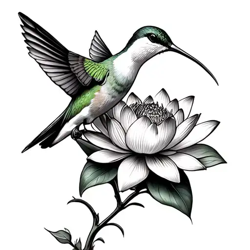 A Hummingbird Feeding On A Blooming Lotus Flower