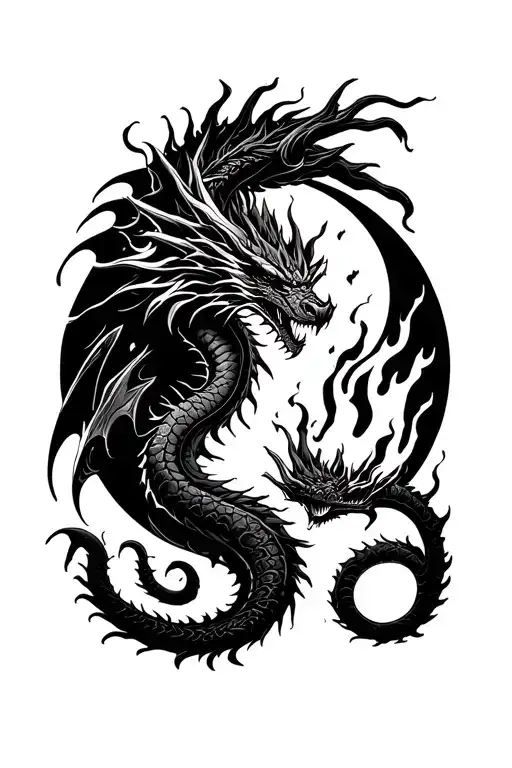 Dragon Around Moon With Fire Coming