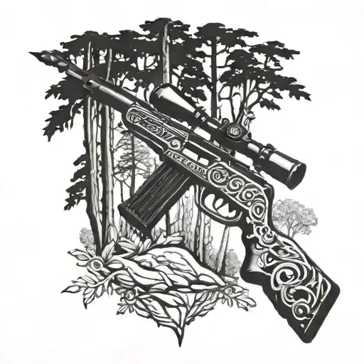 A Detailed Blackwork Tattoo Of A Rifle Being Reloaded In A Forest Setting