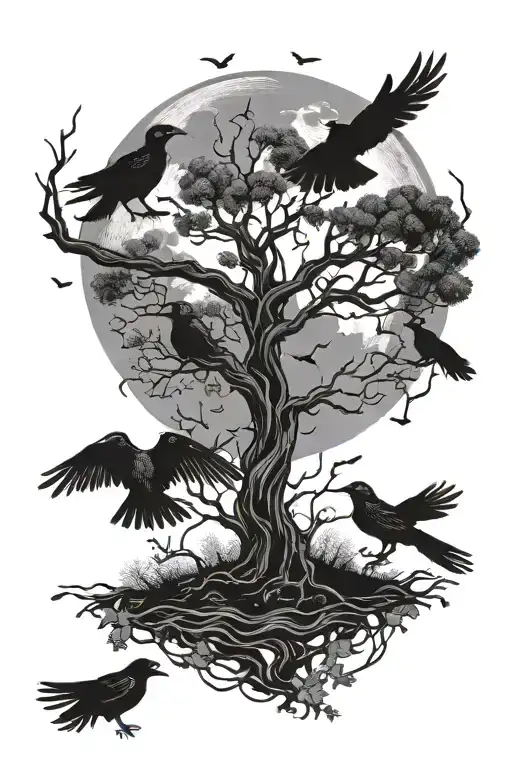 Poison Tree With Moon And Crows Flying