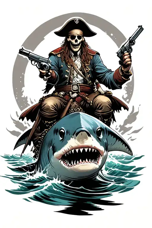 Undead Pirate Captain Holding Compass And Pistol Riding A Shark