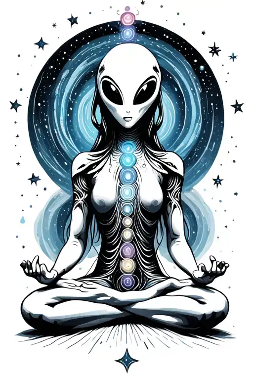 An Alien With Chakras Meditating On A Swirling Cluster Of Stars