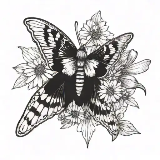 Moth Surrounded By Cosmo Flowers And Daisies And Marigolds