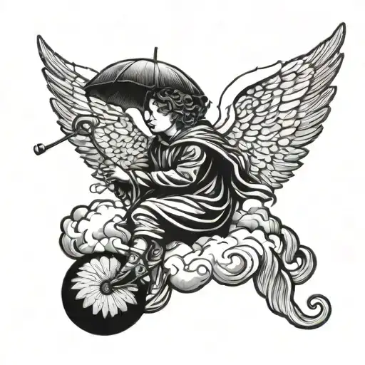 Angel With Umbrella On Raincloud