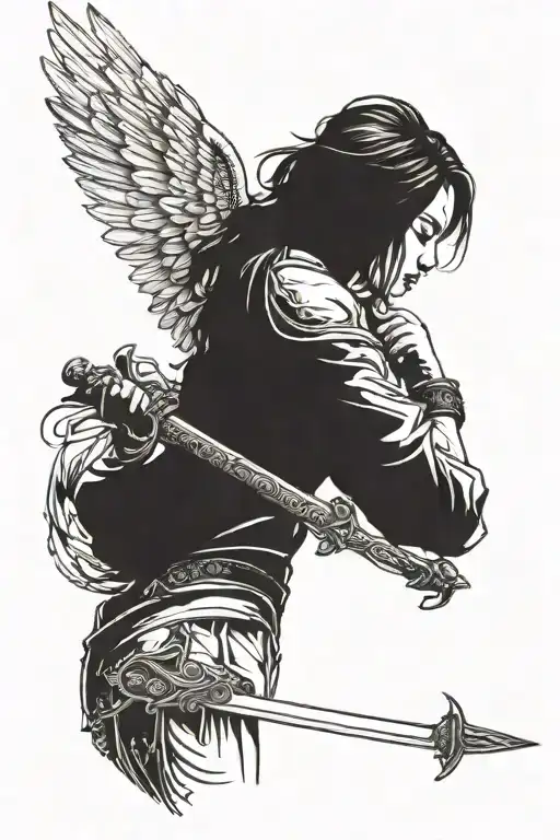 Woman With Wings Standing Sideways Holding Sword