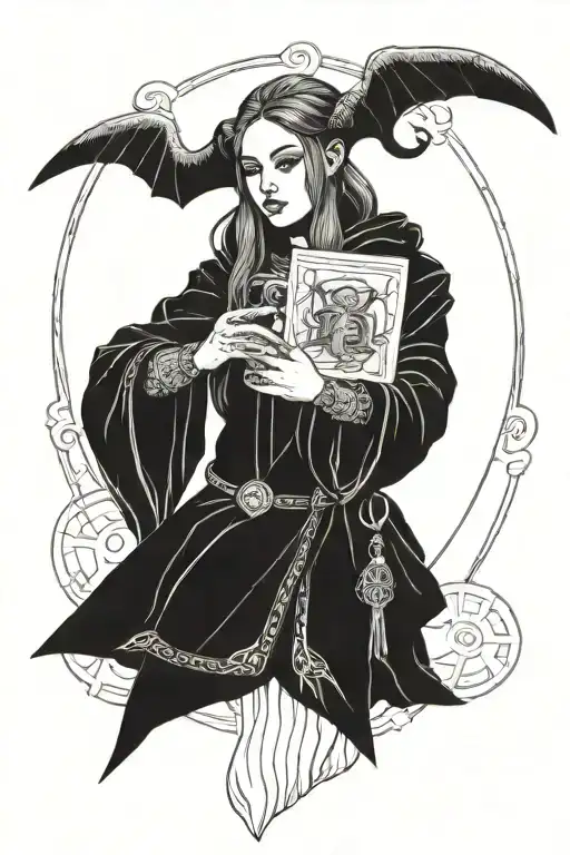 Teifling Priestess Holding Tarrot Card